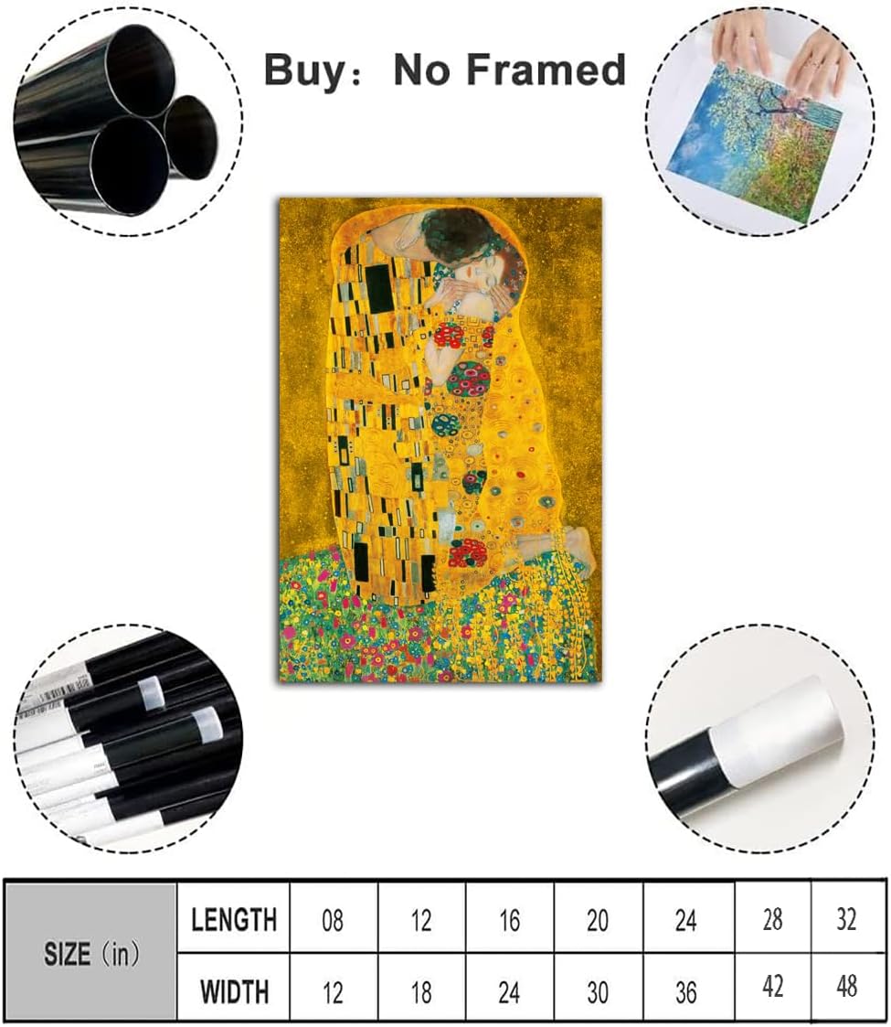 Gustav Klimt The Kiss Art Painting Poster Print Canvas Decor Painting Wall Art Room Aesthetics Bedroom Bathroom Decor Picture 32x48inch(80x120cm)-Unframed