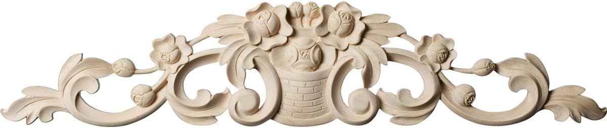 Ekena Millwork ONL36X06X01BRAL Large Bradford Flower Basket Center with Scrolls Wood Onlays, 36 1/2" W x 6 1/4" H x 1" D, Alder