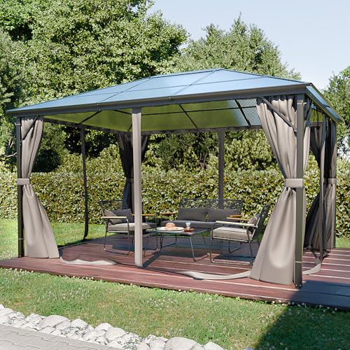 GARMIO® Pavillon 3x4m Garten Überdachung mit Polycarbonat - Dach & Moskitonetz, Seitenteile wasserdicht in anthrazit, mit Metallgestell & Aluminiumrahmen, für Outdoor