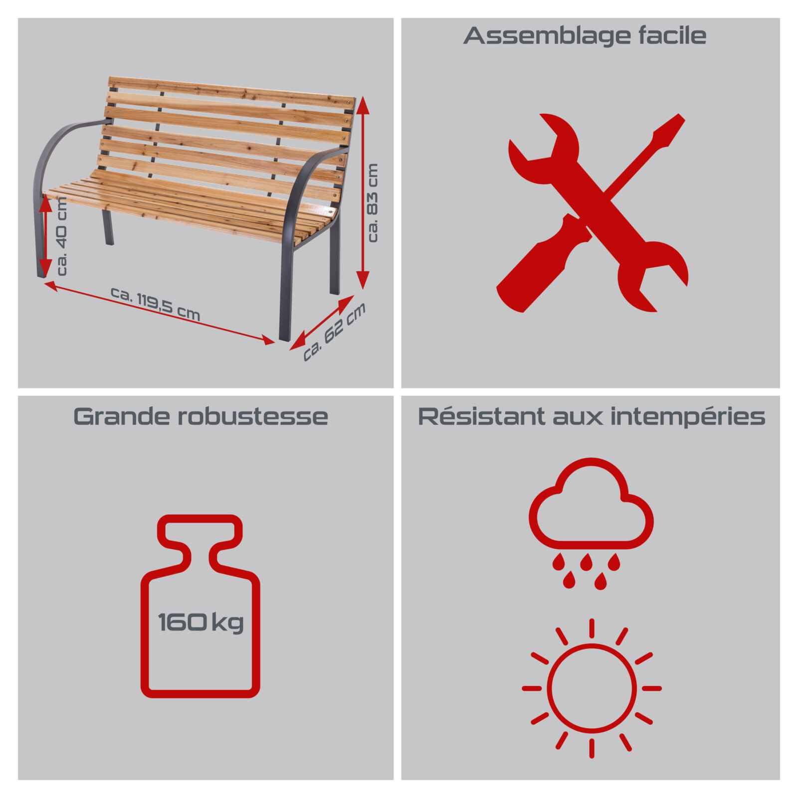 Practixx Banc de Jardin PX-GB-1 – Résistant aux intempéries - Max 160 kg