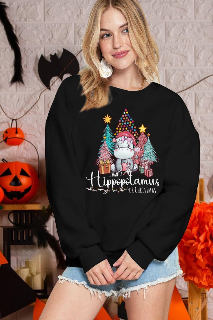 KNEYATTA Christmas Sweatshirt Women I Want A Hippopotamus for Christmas Shirt Funny Hippo Graphic Xmas Casual Tee Tops - Image 4