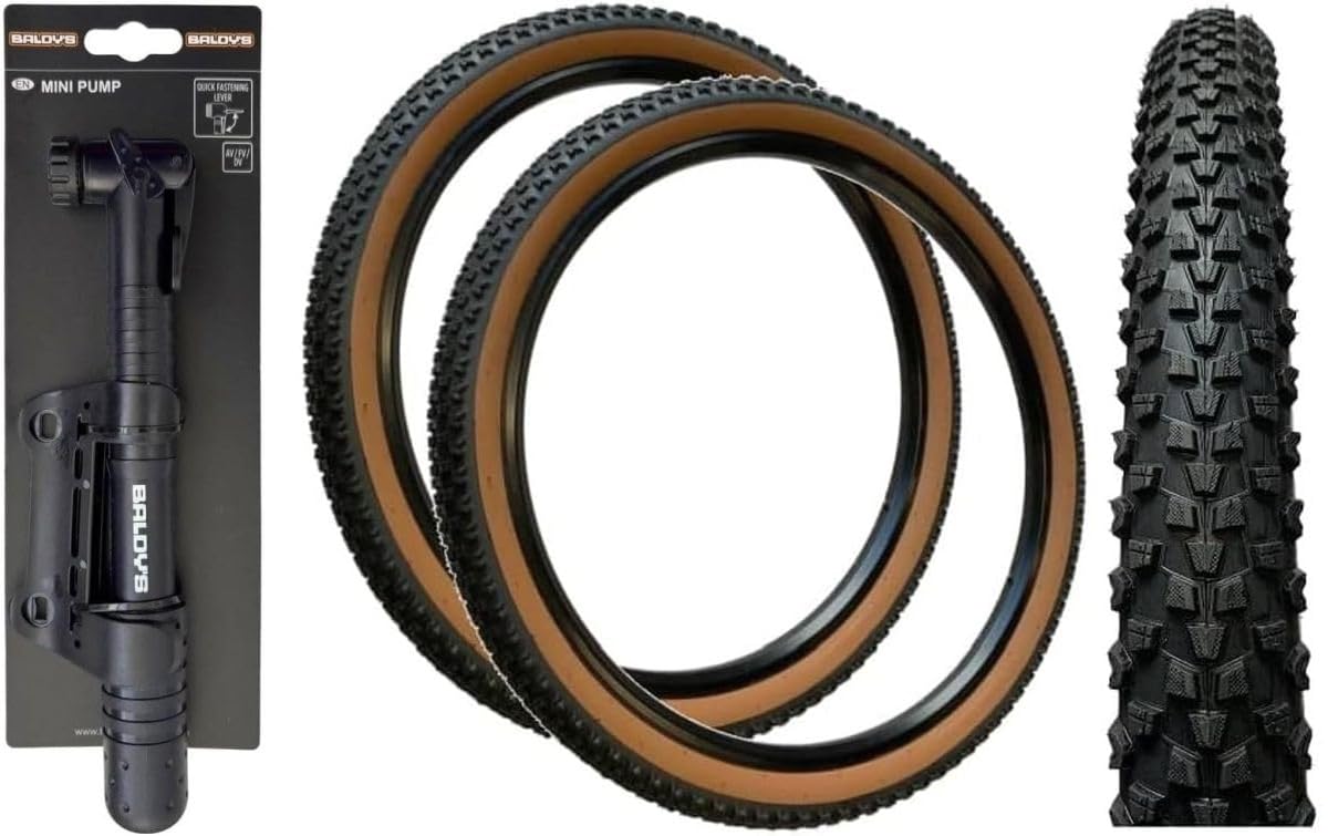 Baldys 26 x 2.10 Mountain Bike Tyres BROWN WALL (PACK OF 2) + MINI PUMP