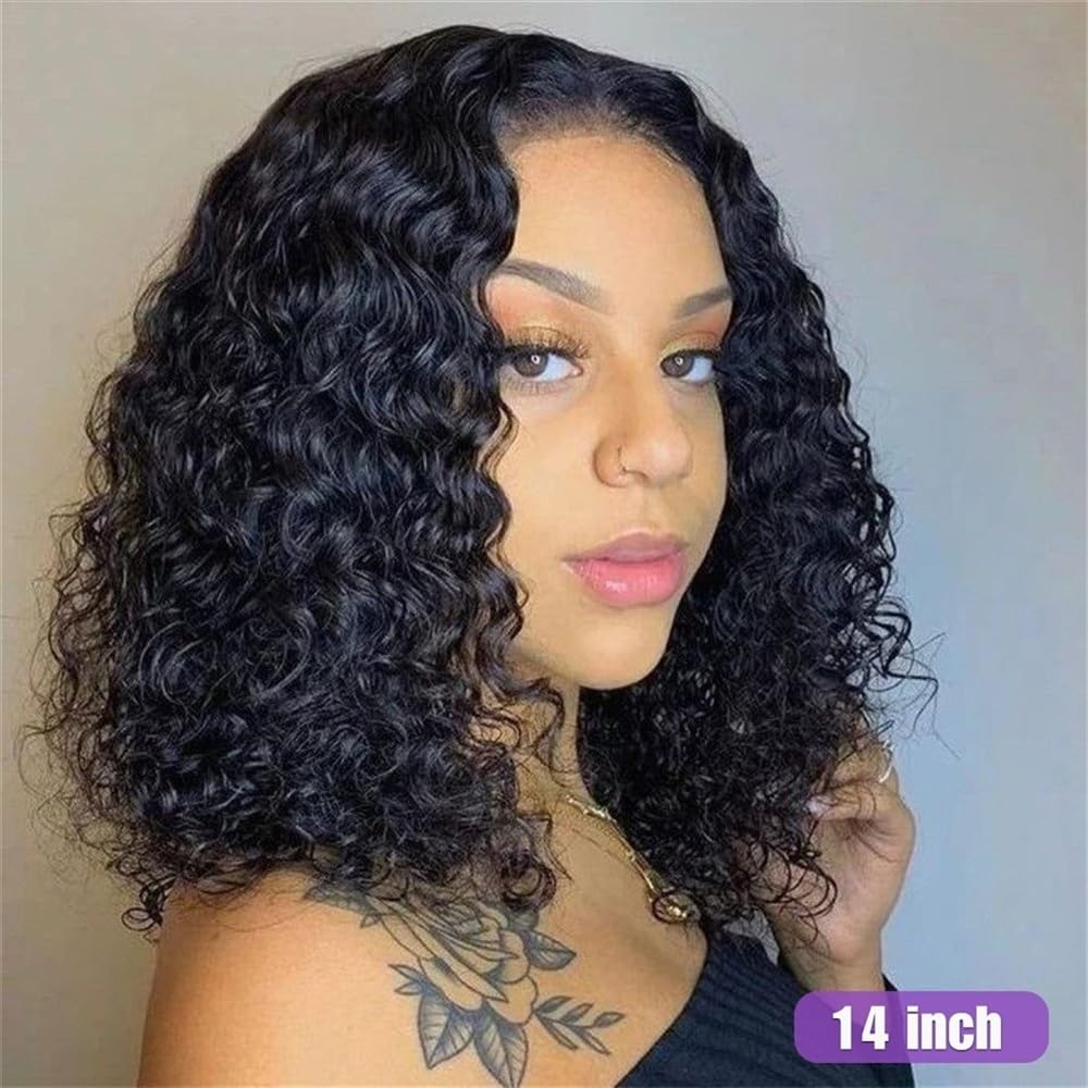 Parrucca for capelli umani corti ricci Bob Onda d'acqua 4x4 Parrucche trasparenti con chiusura in pizzo for donna(14inches)