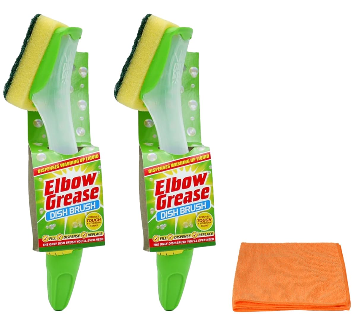 Topest Green 2X Elbow Grease Fillable Washing Up Brush With Refill Sponge- Ergonomic Design Handle - With Ultra Absorbent Microfibre Cleaning Cloth