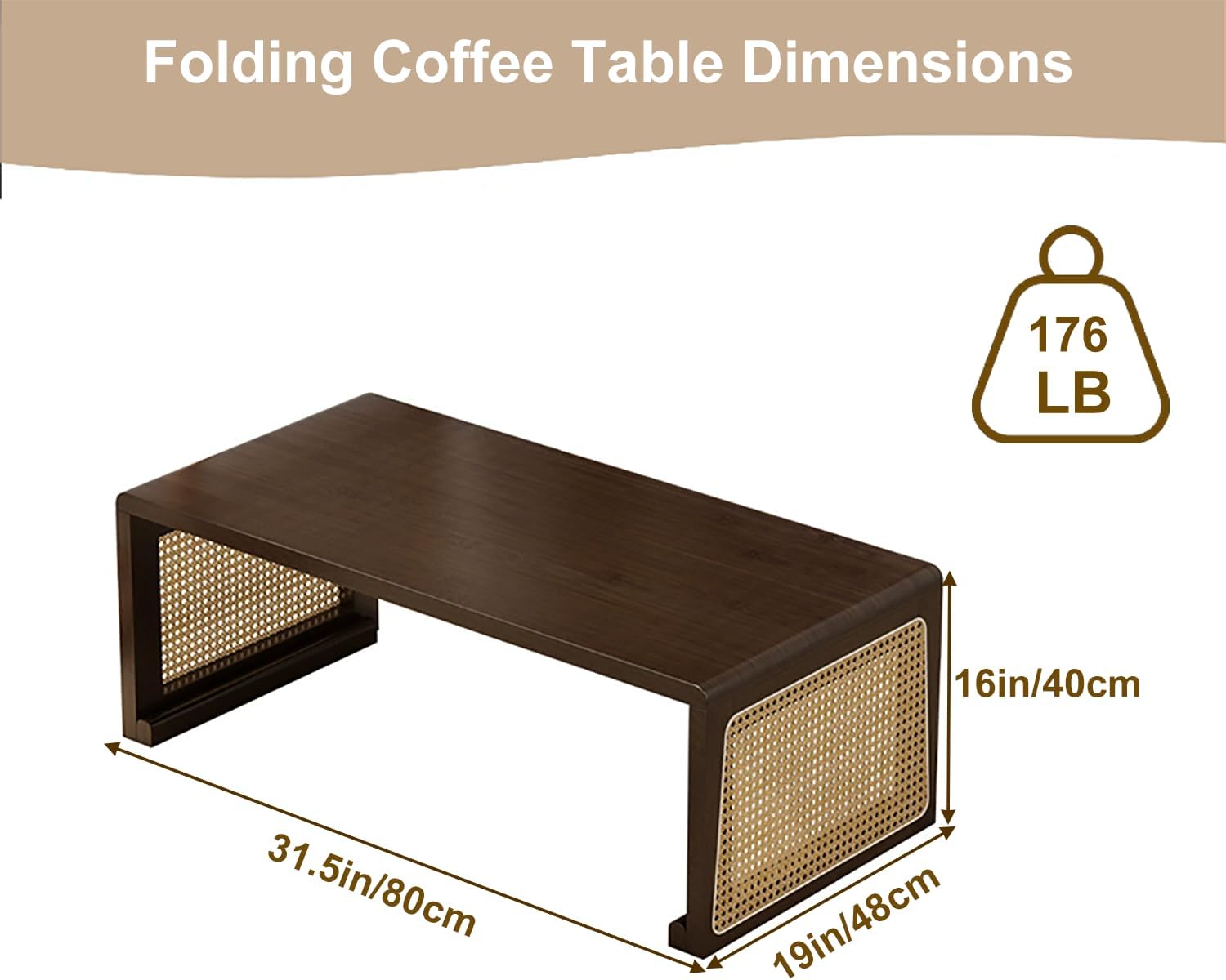 Japanese Folding Coffee Table, Japanese Low Floor Sitting Table No Assembly, Small Wood Coffee Table for Living Room, Tea Room, Dining Room, Bedroom, Picnic