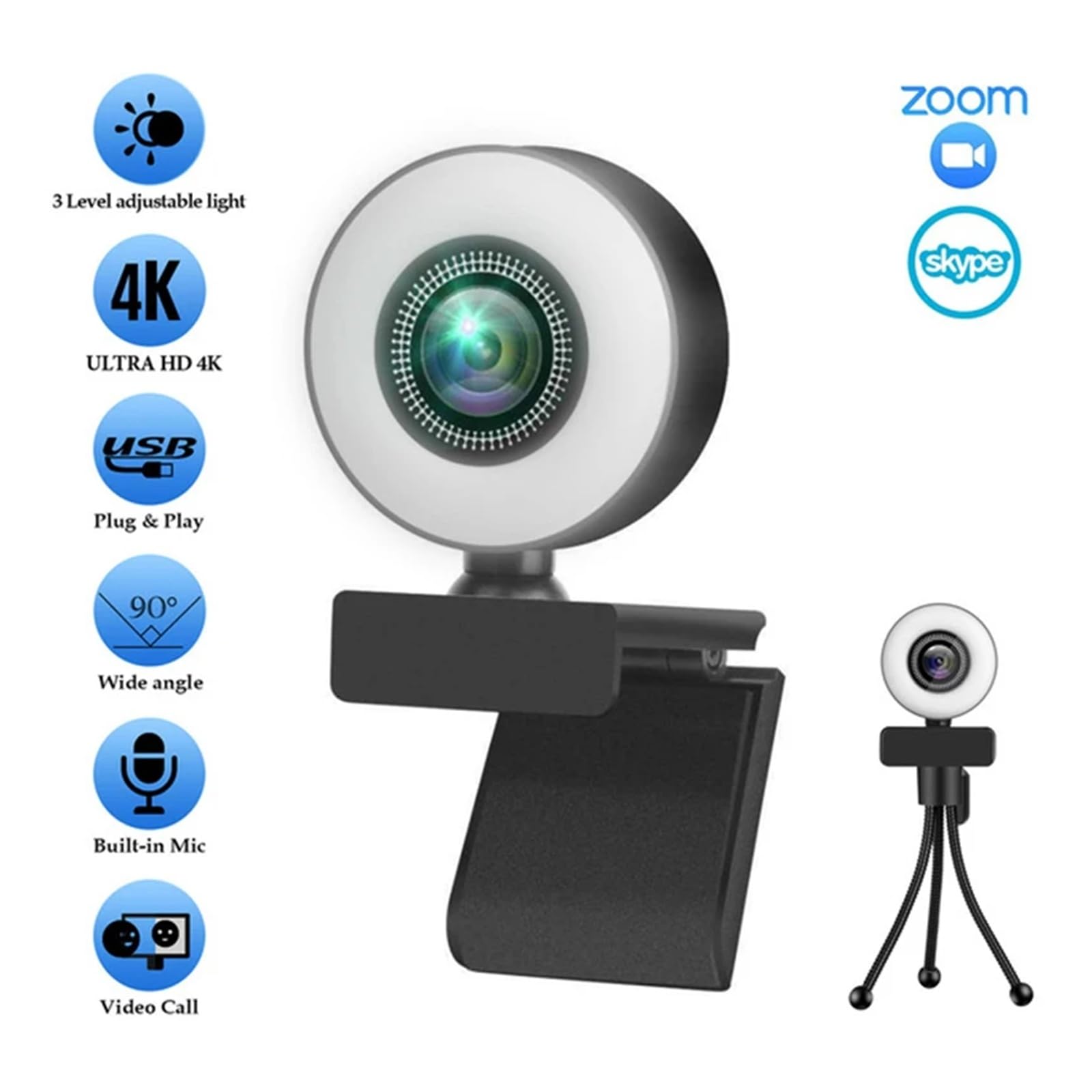 4K Webcam 2K Full HD Web Camera With Microphone LED Fill Light USB Cam Rotatable For PC Computer Laptop for Youtube