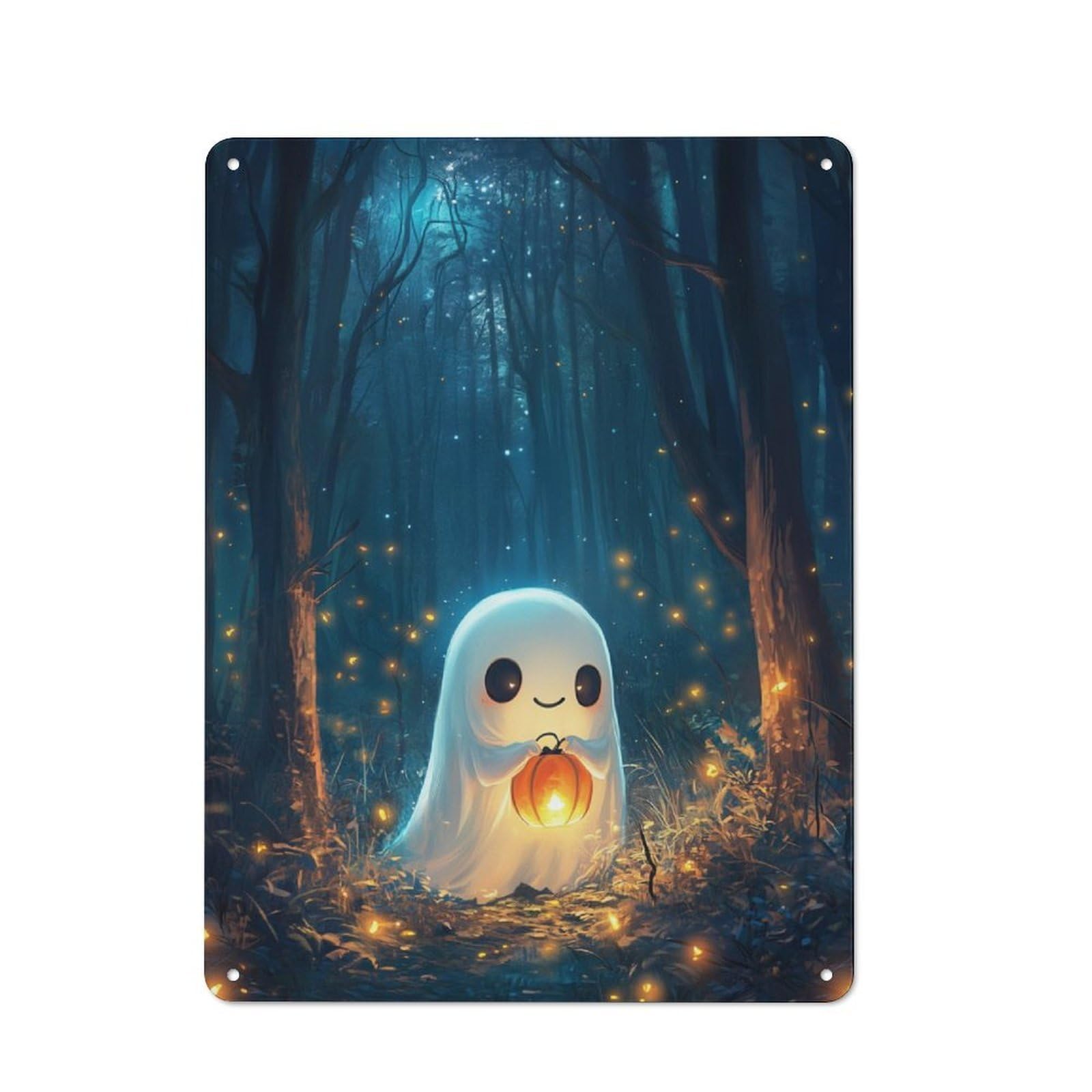 Junmoney Cute Halloween Ghost In Forest Tin Wall Plaque 40X30cm With For Dining Room Or Kitchen, For Vintage Wall Decor Fans, For Themed Room Decoration