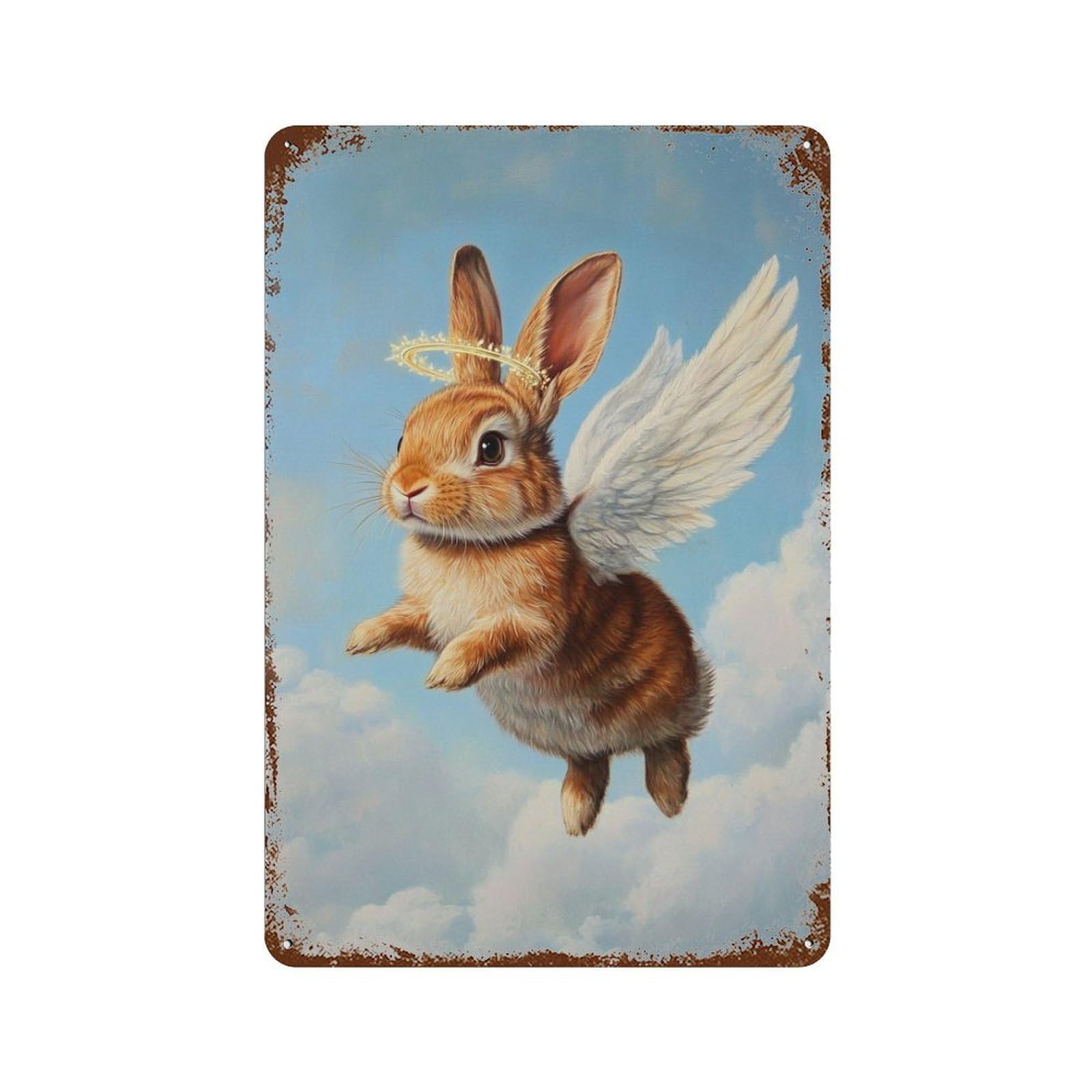 Angel Bunny in Flight-1 Vintage Wall Sign 11.8"x7.9", Rust Effect Metal Decor for Garage, Bar And Workshop Decor