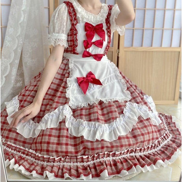 Amazon.co.jp: 2点セット ロリータ チェック柄 メイド服 リボン 