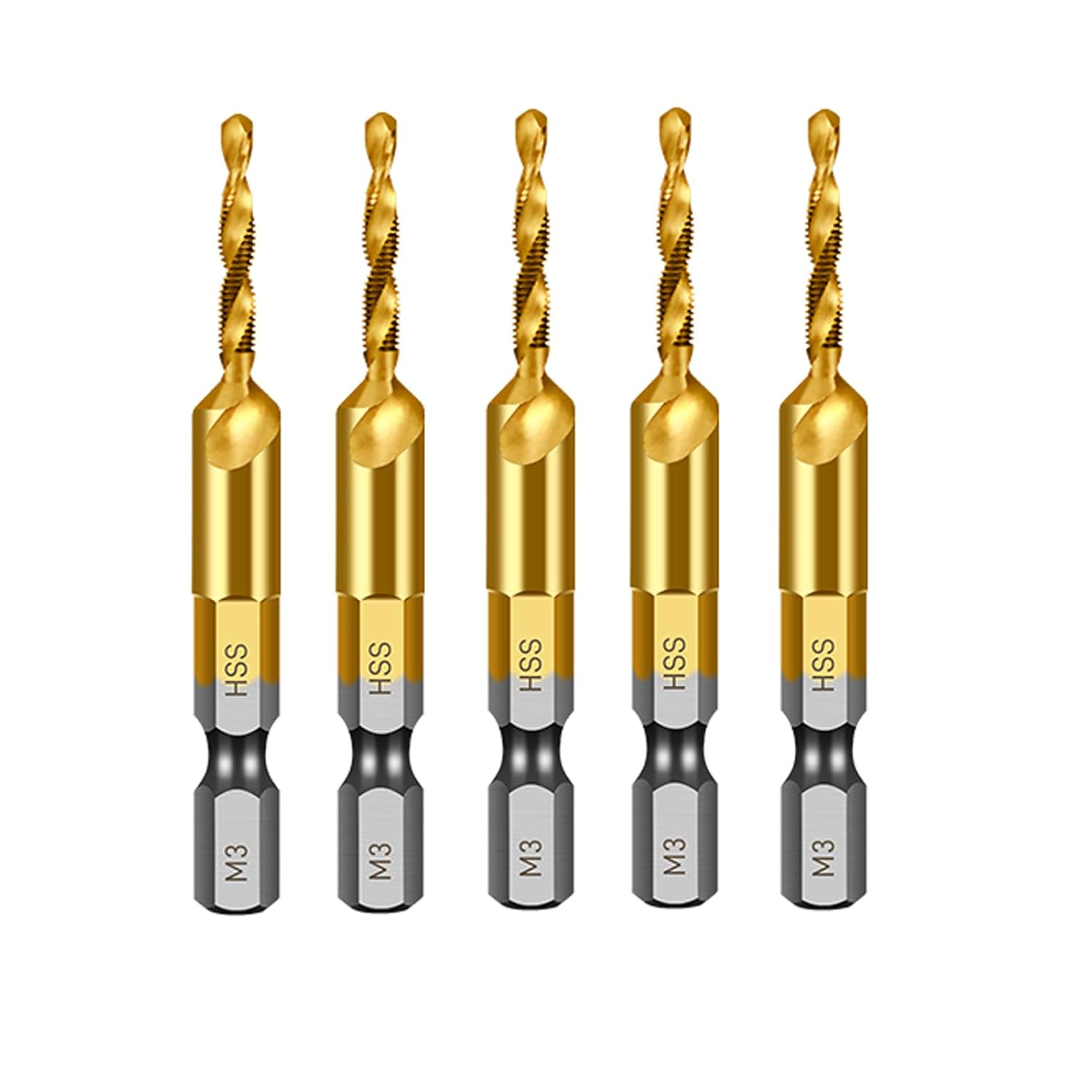 5Pcs Titanium Coated 4341 HSS Drill-Tap Combination Bits, with 1/4" Hex Shank, One Step Drilling Tapping for Aluminum (M3 x 0.5)