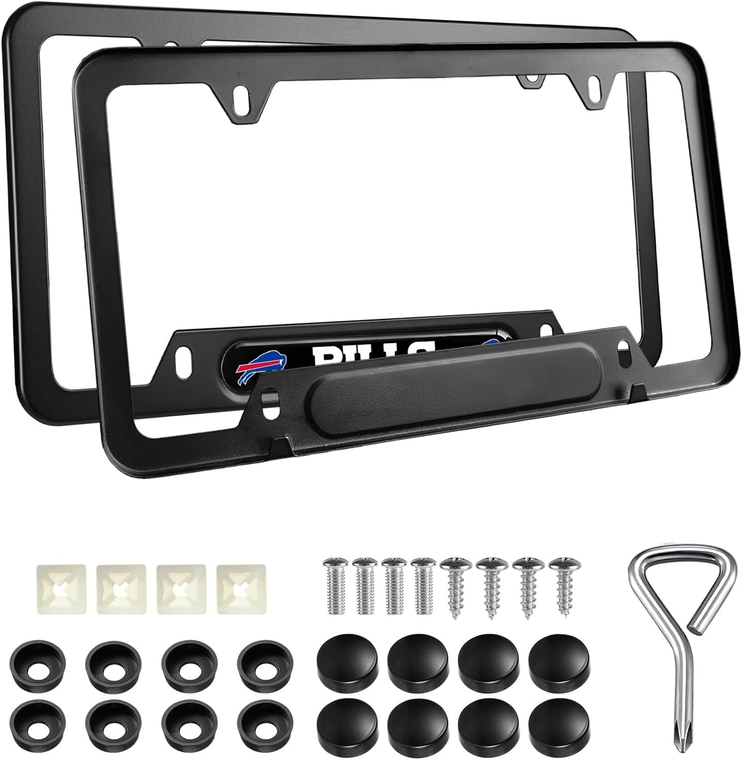 2PCS Black License Plate Frames, Premium Aluminum Alloy Weather Proof License Plate Covers with Screw Caps Cover Set