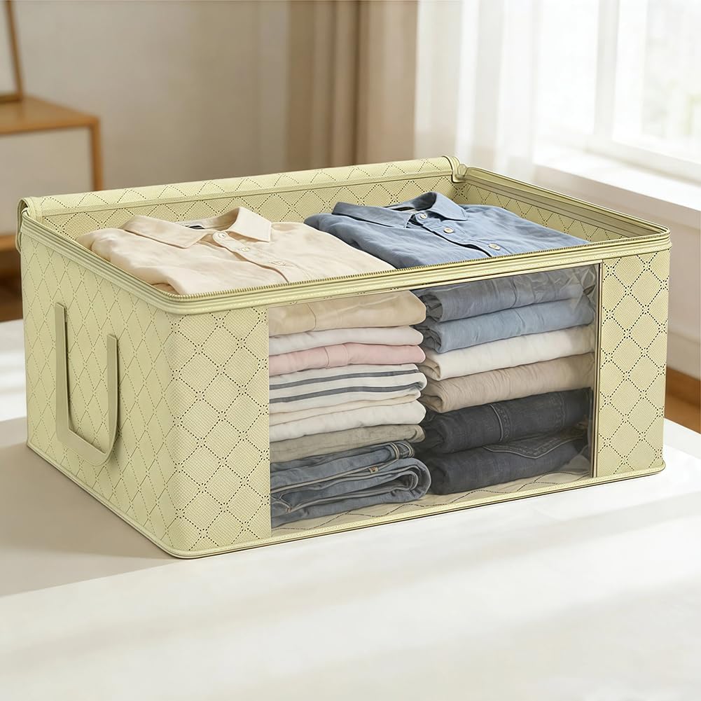 Foldable Storage Bag Organizer with Zipper & Clear Window - Breathable Fabric Clothes Storage Bin for Blankets, Closet, Dormitory-Beige