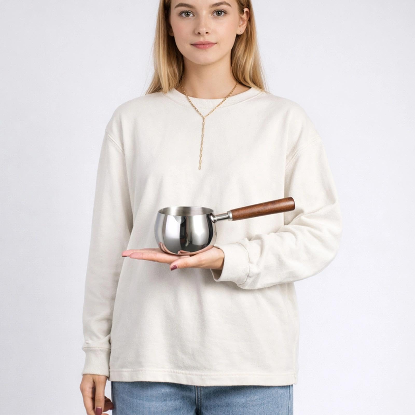 IMEEA Pot à lait de 500 ml en acier inoxydable SUS304 avec poignée en bois pour faire fondre le café et le chocolat