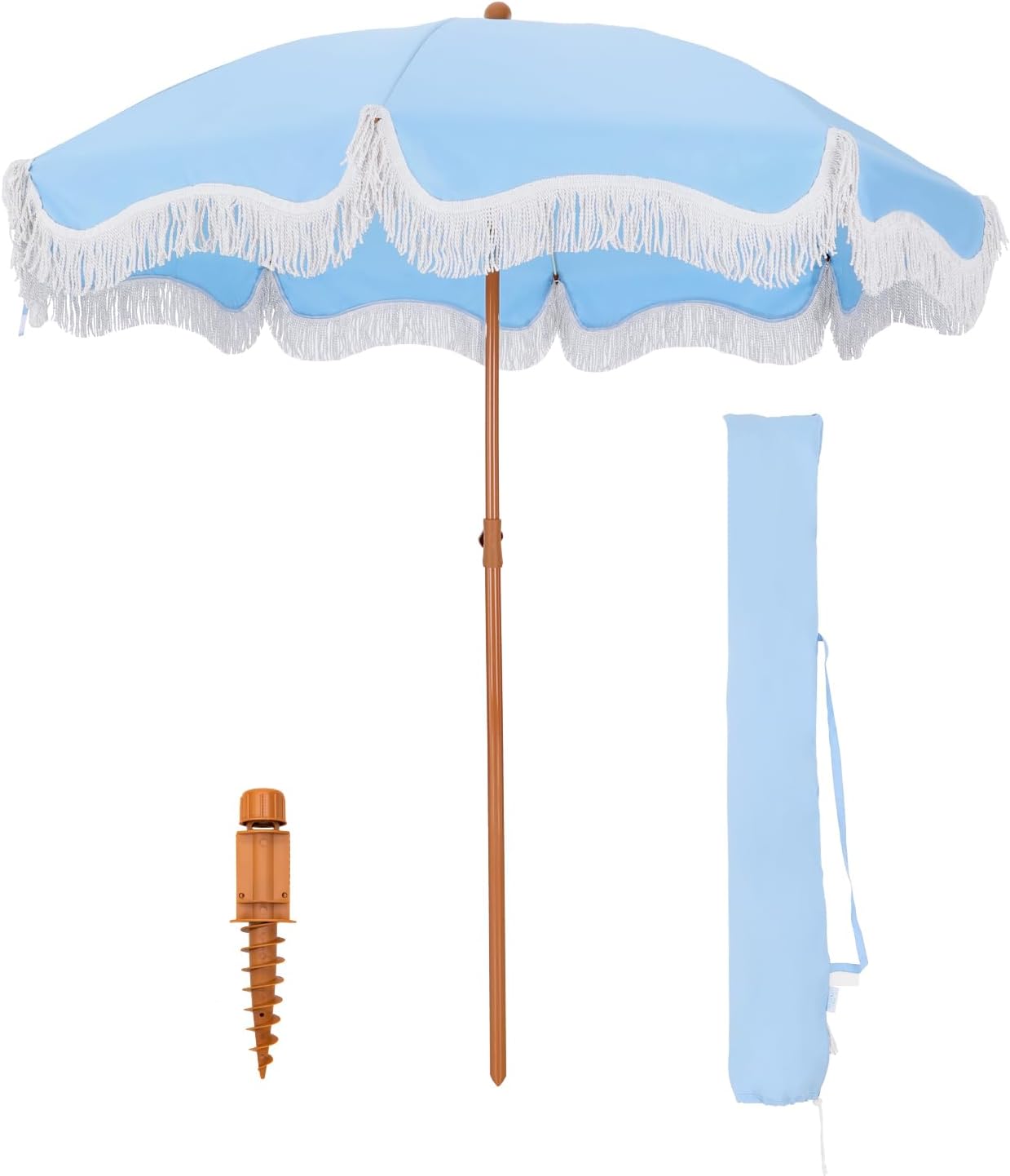 GREEN PARTY 7ft Patio Umbrella with Fringe, Portable Outdoor Beach Umbrella with Sand Anchor, Carry Bag, Push Button Tilt, UPF 50+ Protection, Blue Striped