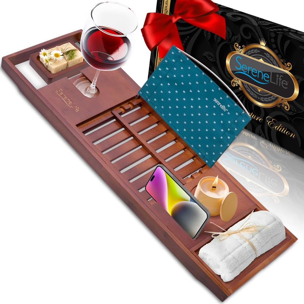 SereneLife Bandeja de bambú para bañera, Organizador Ajustable, Soporte para Libros y tabletas, bandejas de Accesorios extraíbles, diseño ergonómico, Ranura para Copa de Vino, Regalo Relajante de SPA