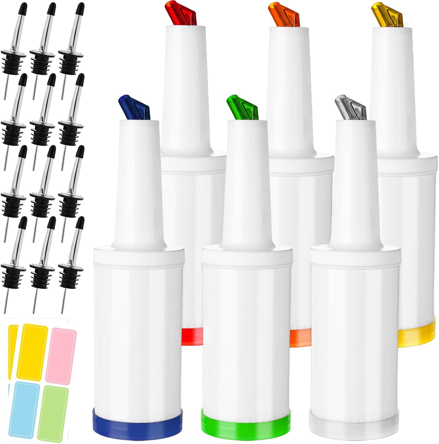 TINSKY 6 Pcs Plastic Bar Juice Pour Bottles with Stainless Steel Liquor Bottle Pourers 34 Oz Juice Dispensers Store and Pour Containers for Bar Home Bartending Party