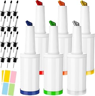 6 Pcs Plastic Bar Juice Pour Bottles with Stainless Steel Liquor Bottle Pourers 34 Oz Juice Dispensers Store and Pour Containers for Bar Home Bartending Party