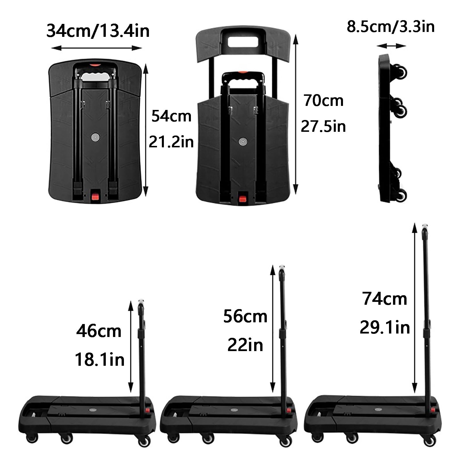 Carrello a mano pieghevole, con piattaforma, capacità di carico 150 kg, 6 ruote in TPR, facile da stare, ideale per casa/mercato/campeggio (nero)