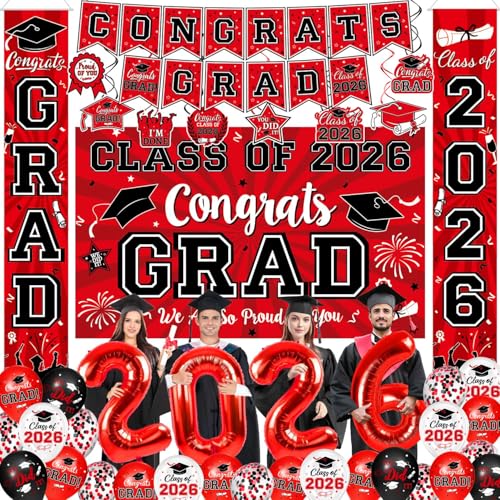 Graduation Decorations Class of 2026 - Red Graduation Party Supplies with Congrats Grad Backdrop & Banner Hanging Swirls Porch Sign Balloons for High School & College Celebrations
