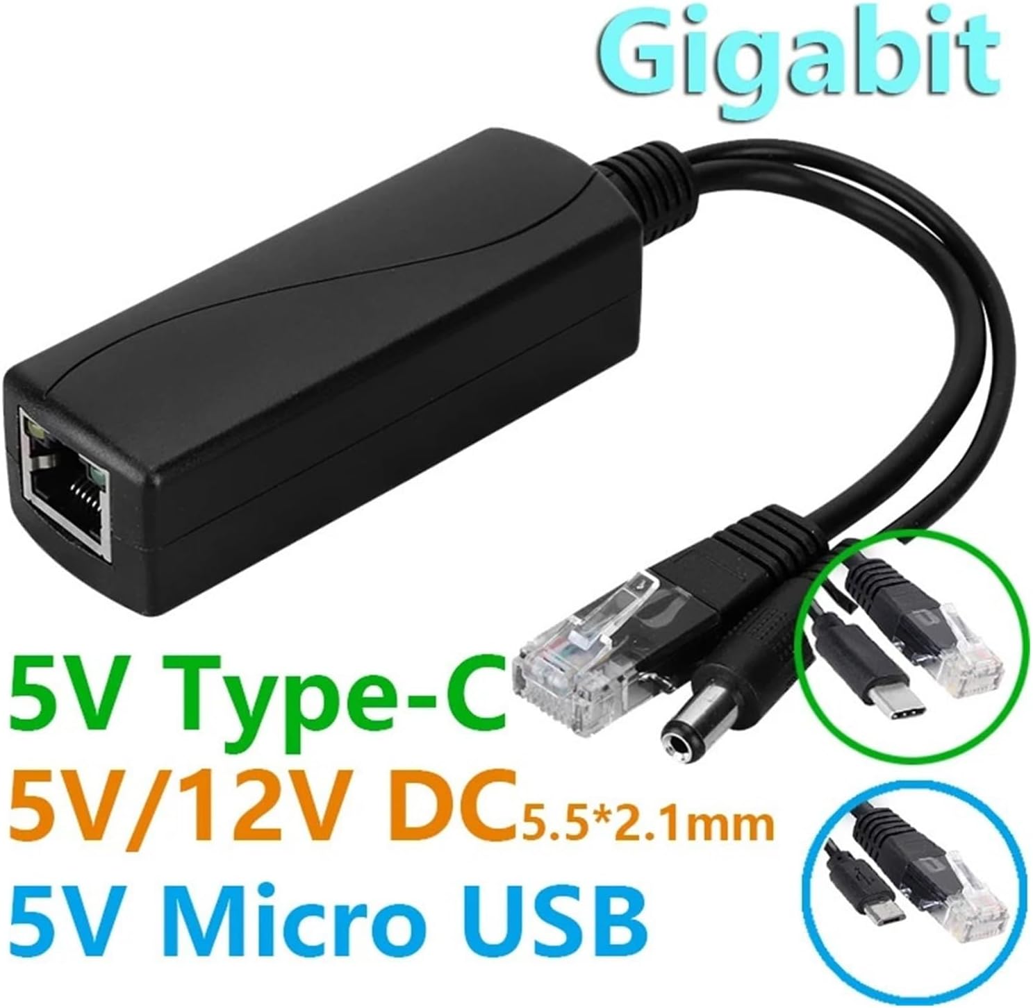 Gigabit PoE Splitter U/Type-C/DC Power Over Ethernet(5V Type-C (100M))