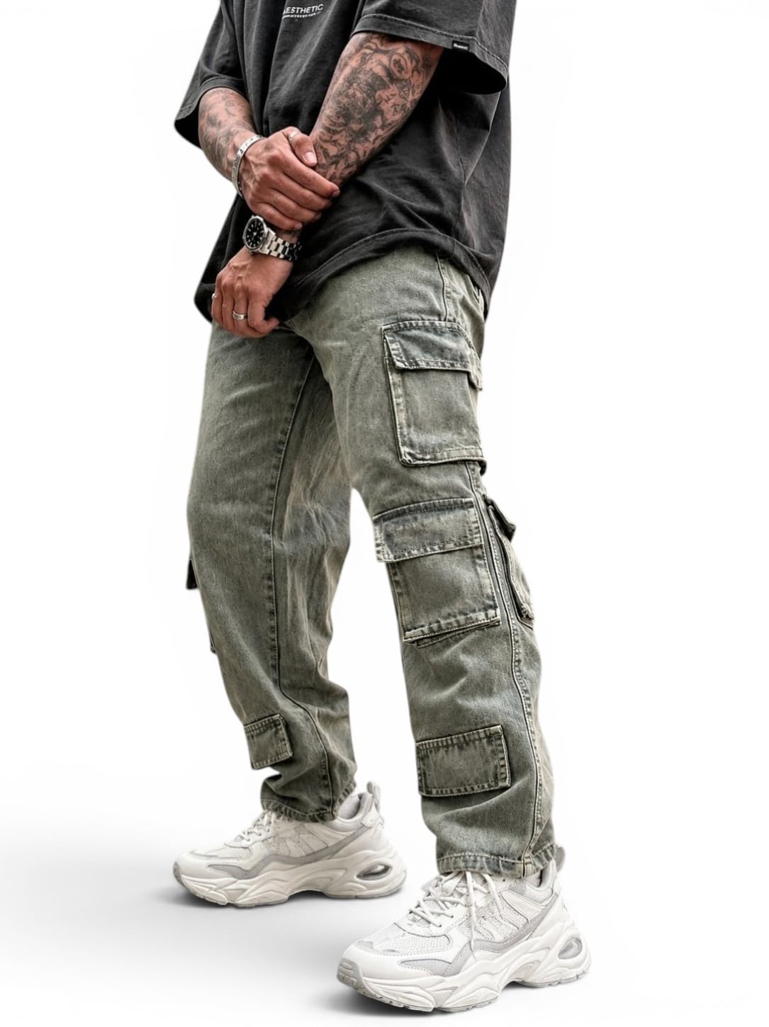 Men's Washed Light Green Cargo Jeans | Baggy Fit Multi Pocket Denim Cargo Pants for Men | Streetwear Loose Fit Utility Jeans-image-9