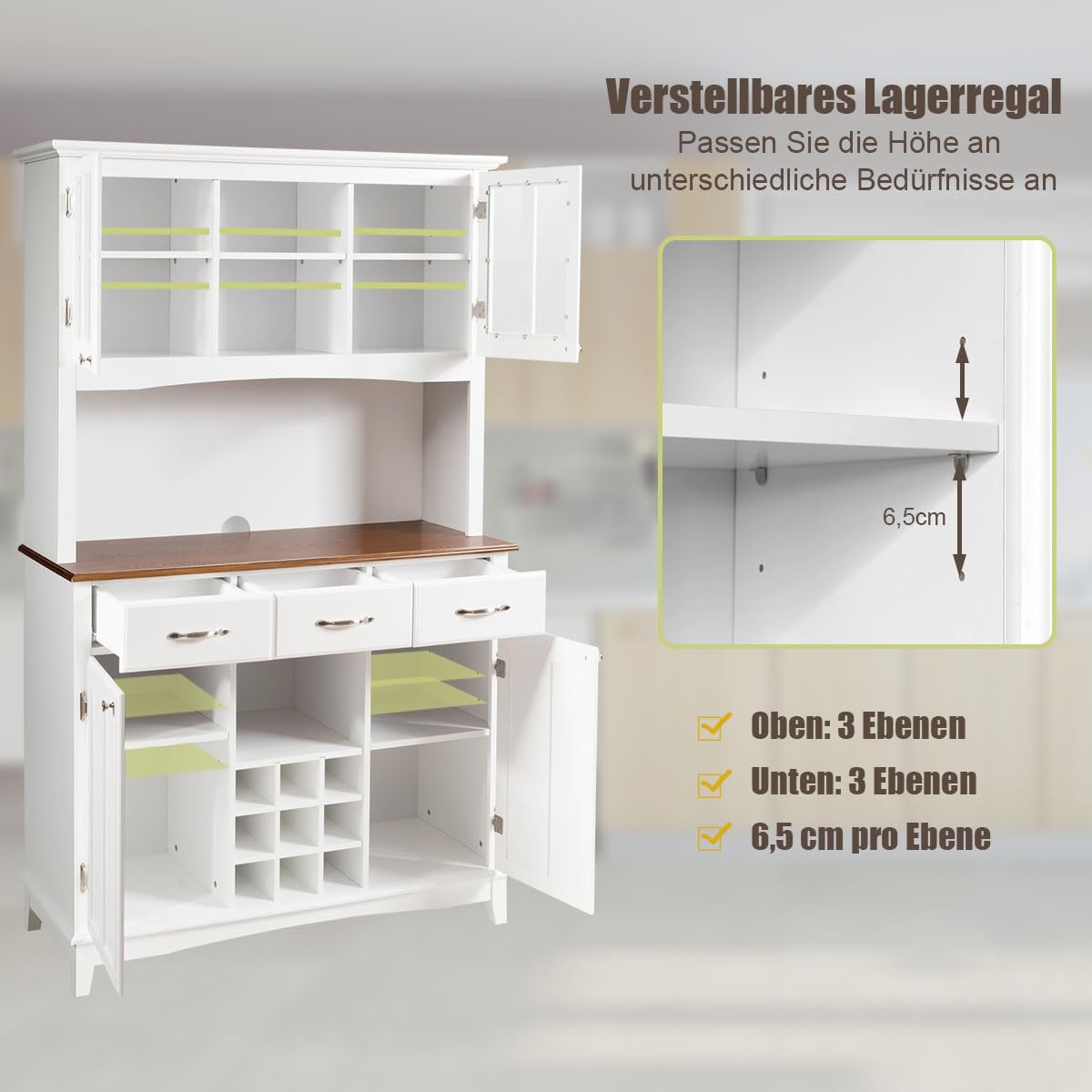 GOPLUS Szafka kuchenna, wysoka, 112 x 43 x 184 cm, szafka bufetowa, kuchenna, wolnostojąca, z stojakiem na wino, szufladami, regulowanymi półkami, wysoka szafka, witryna do kuchni, jadalni, salonu