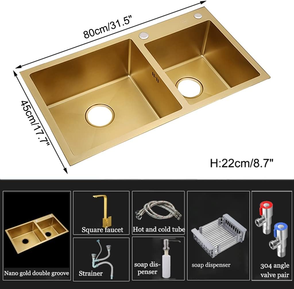 Kitchen Sink Double Bowl Kitchen Bar Stainless Steel Sink Wet Bar & Prep Sink RV Sink With Square Faucet & Drain Top Mount Or Undermount