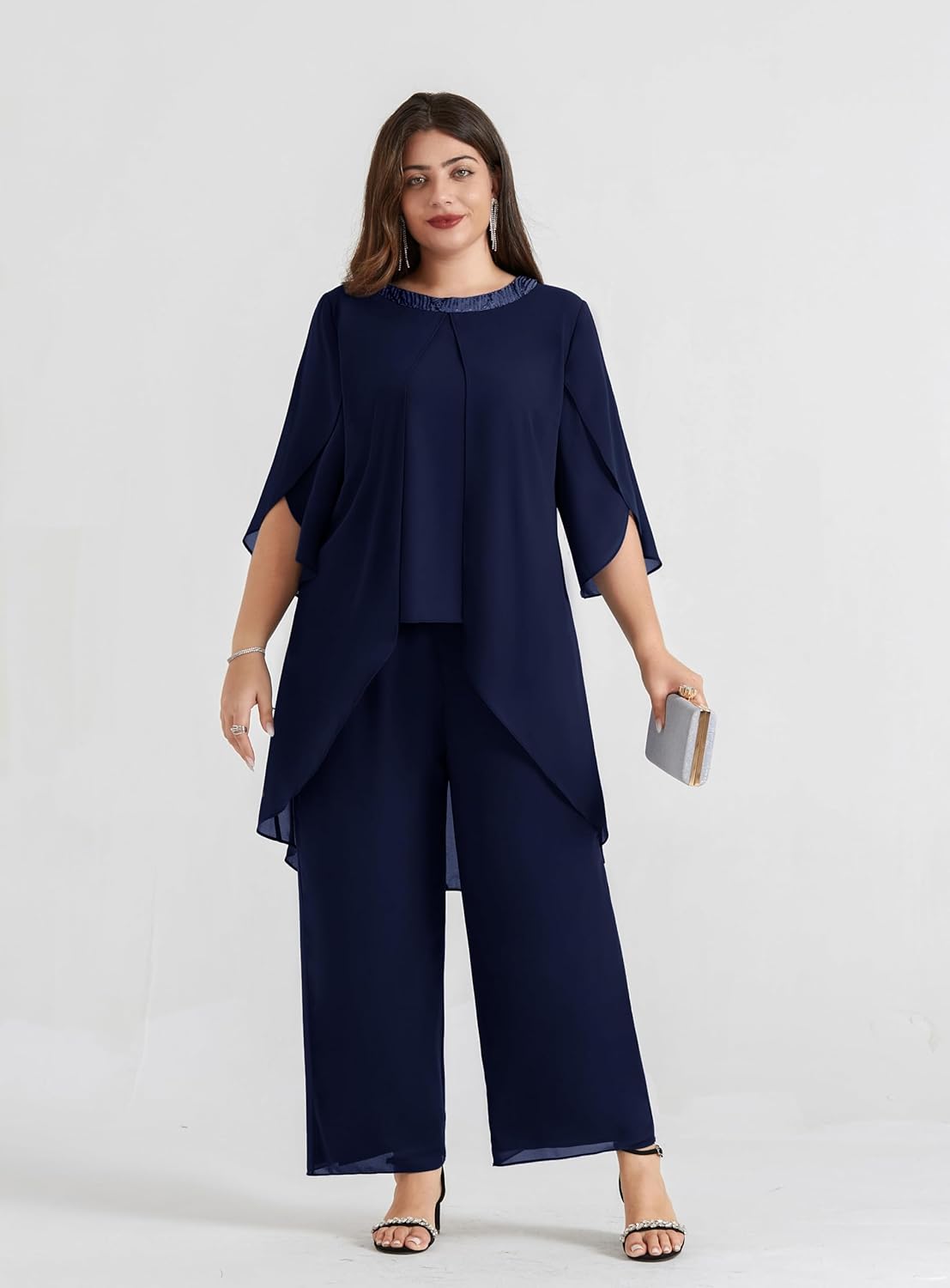 Hanna Nikole Plus Size Mother of The Bride Pant Suits 2 Piece Chiffon Sets Dressy Wedding Guest Outfit with High Low Hem - Image 8