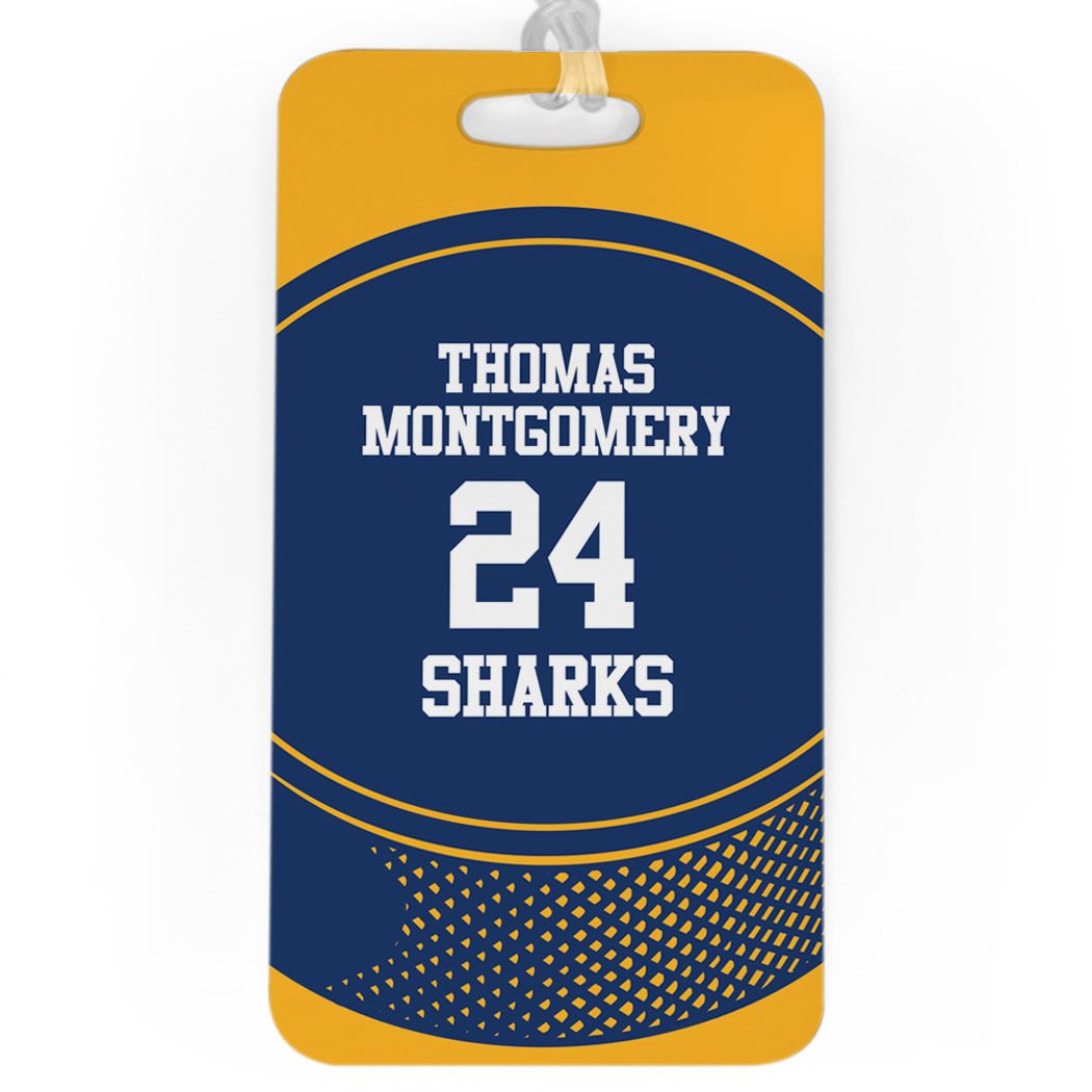 ChalkTalkSPORTS Hockey Luggage & Bag Tag | Personalized Hockey Team Puck | Standard Lines on Back | Large, Gold/Navy