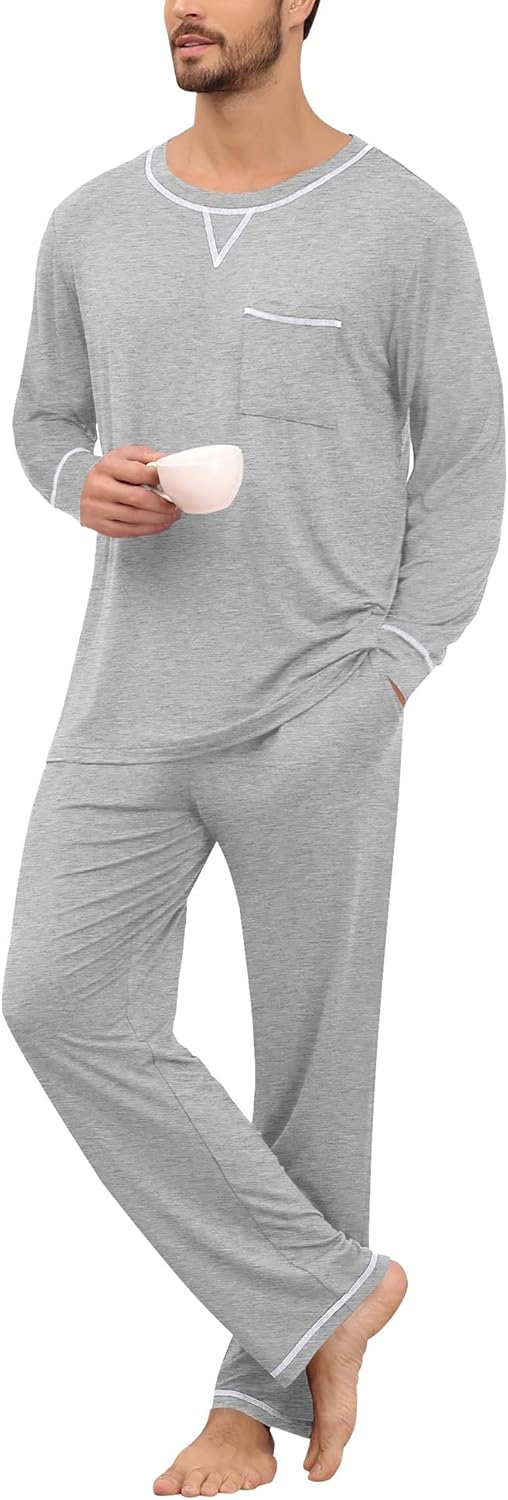 SWOMOG Mens Pajamas Set Modal Long Sleeve Sleepwear Crew Neck Pjs 2 Piece Loungewear Nightshirt Top & Pants with Pockets - Image 2