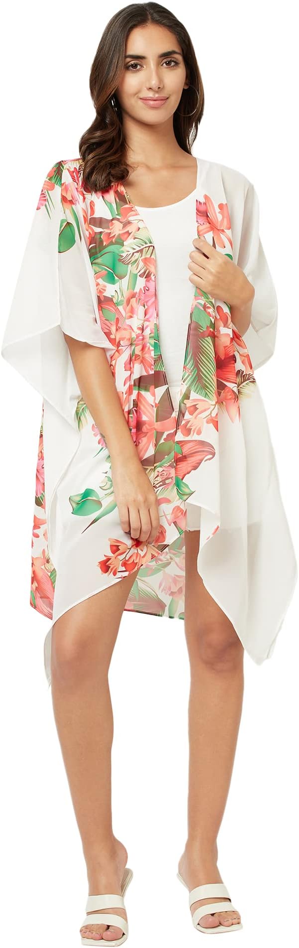 Trendif White Open Front Multicolor Floral Printed Women Shrug