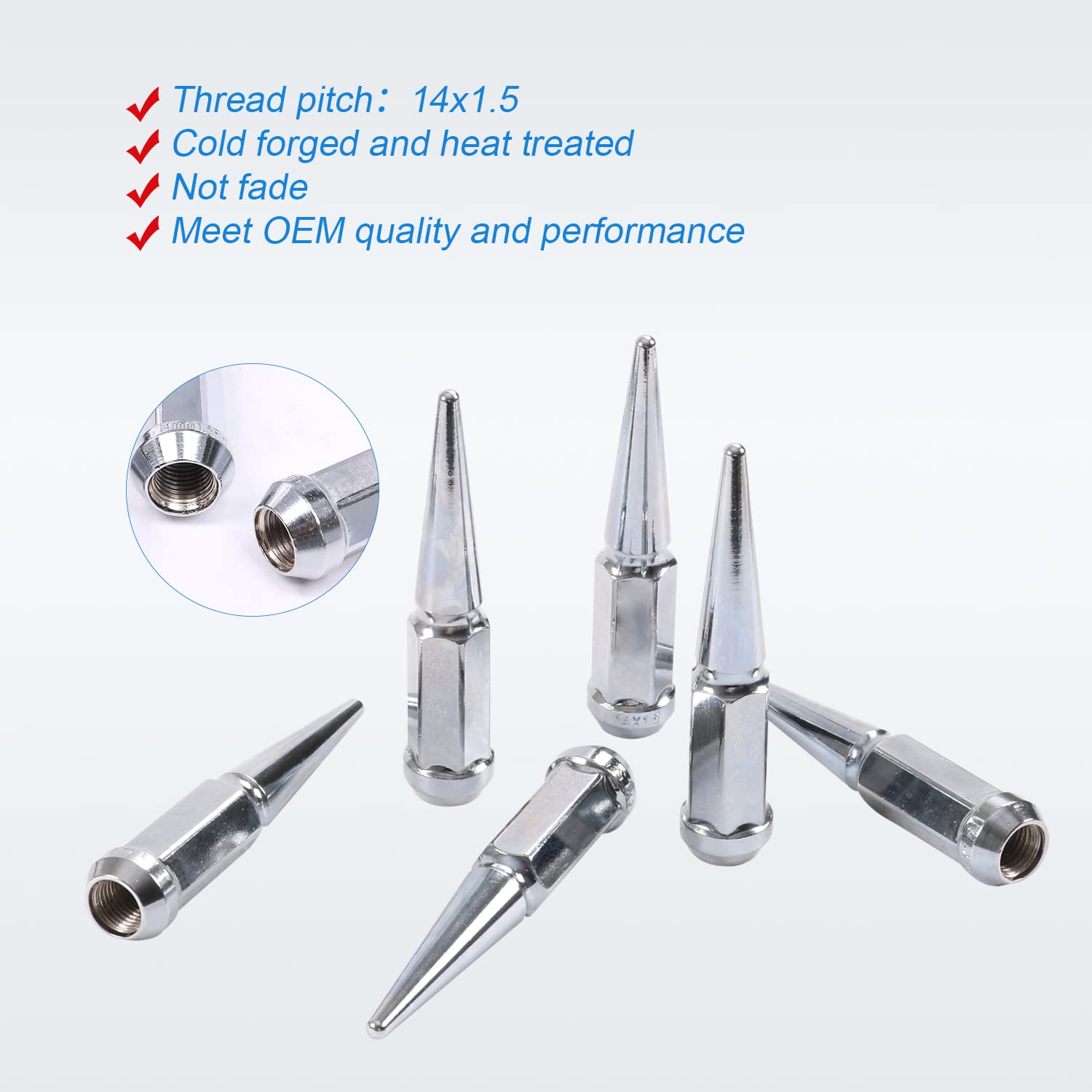 CARMOCAR 24 PCS Spike Lug Nuts 14x1.5 for Chevy Silverado Tahoe 4.4" Tall w/Key Chrome