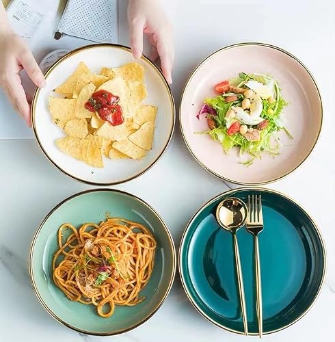 Keycheflab 8.25-Inch Ceramic Bowl Plates Set, Porcelain White/Spring Green Round Pasta Ceramic Plates Bowls For Pasta, Salad, Soup (Porcelain White, Set Of 4) #TOP4