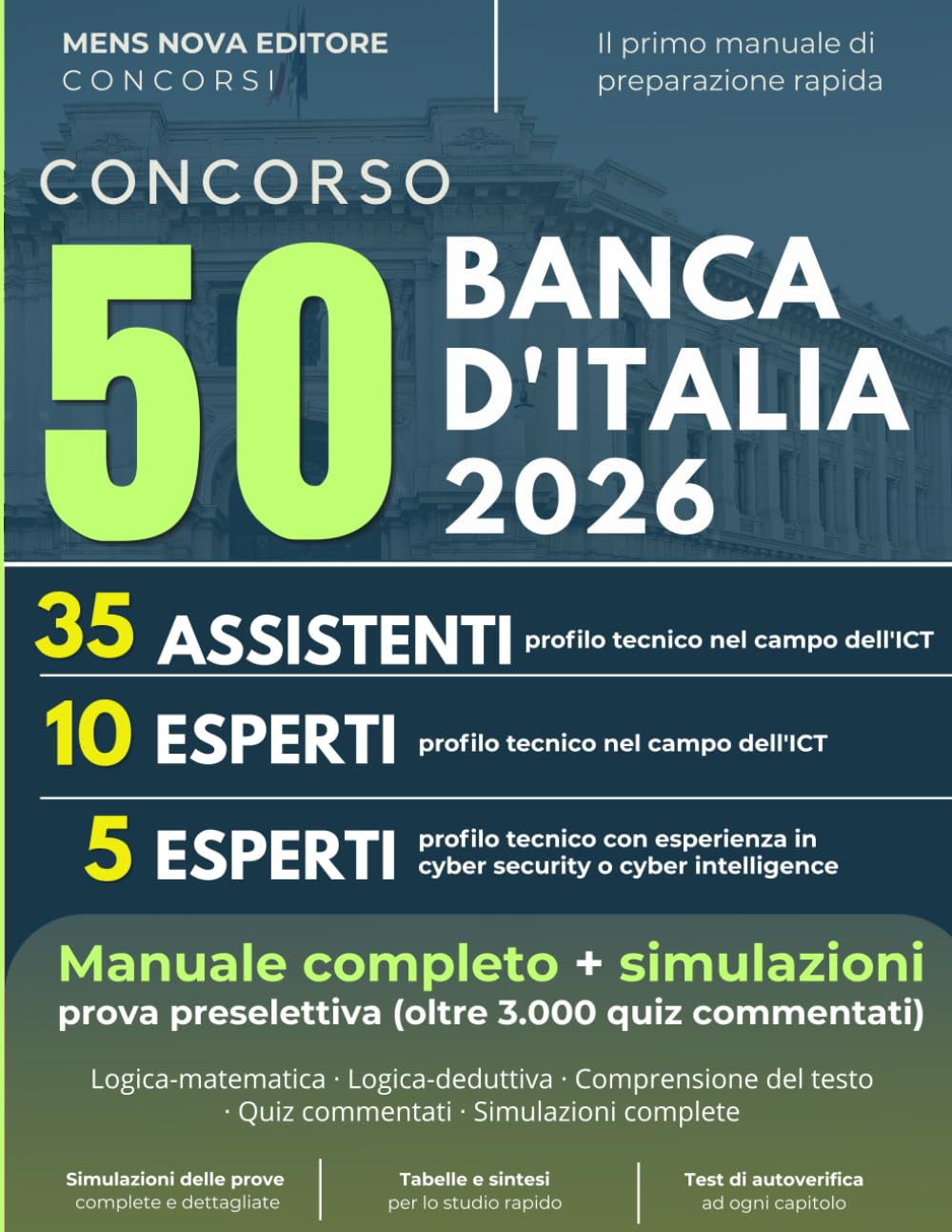 Concorso 50 posti Banca d'Italia - 35 assistenti, 10 esperti profilo ICT, 5 Esperti Cyber Security: Manuale di teoria, Simulazioni Complete, Quiz ... la Prova Preselettiva 2026 (oltre 3.000 quiz)