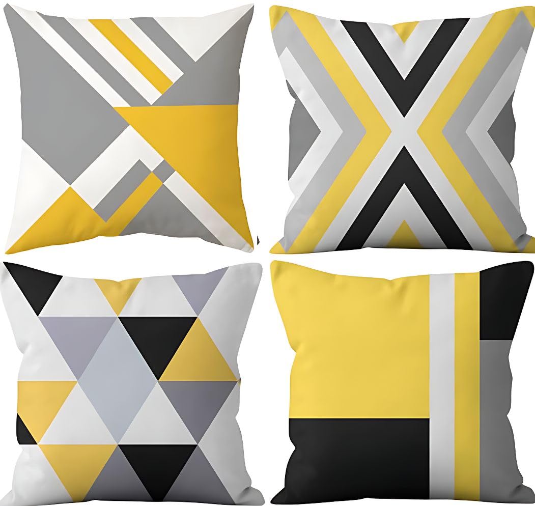 Hopomoon Set of 4 Decorative Cushion Covers 45x45cm, Yellow and Grey Geometric Pattern White Linen Pillow Cases for Living Room Sofa Bedroom, Modern Scandinavian Home Decor