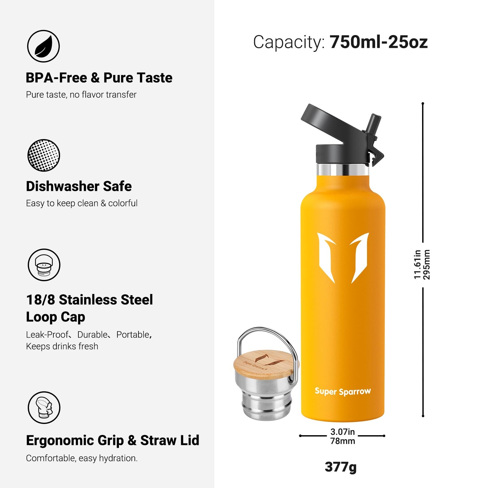 Super Sparrow Borraccia Termica - Bottiglia Termica Senza Perdite - 350ml/500ml/620ml/750ml/1L - Senza BPA Borracce Bambini - Per Scuola, Sport, Campeggio, Palestra, Ciclismo - Con 2 Tappi