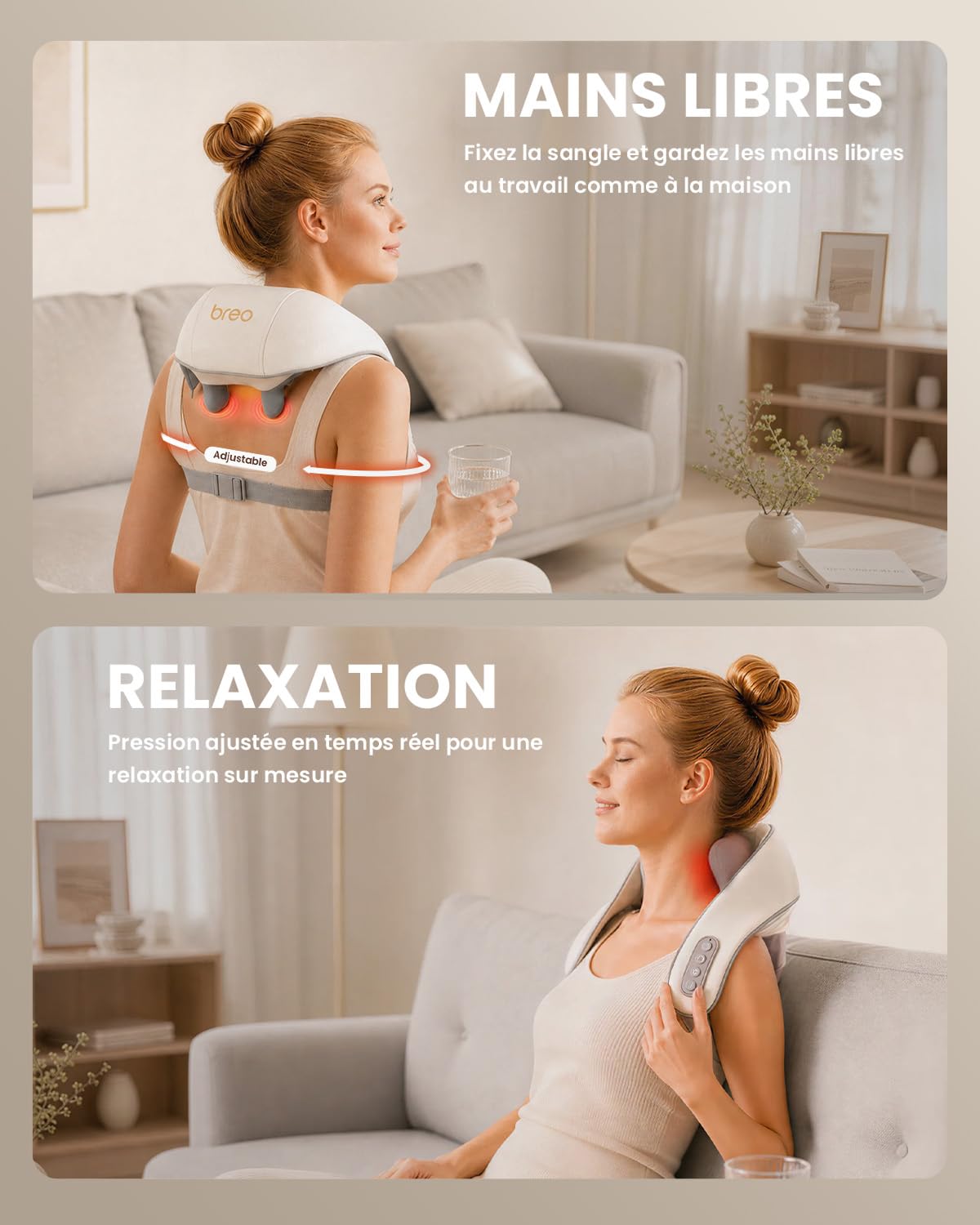 Breo N5 Mini masseur de cou avec chaleur, coussin de massage électrique pour le cou et les épaules, relaxation musculaire, pétrissage shiatsu pour soulager la douleur des tissus profonds à la maison