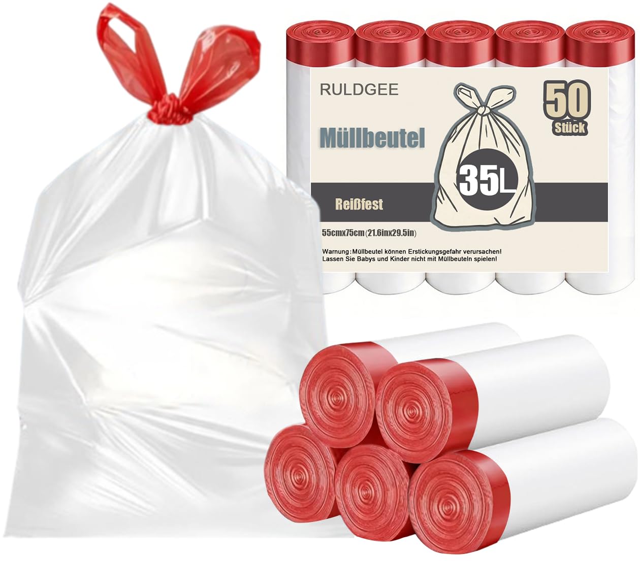 RULDGEE Weiß Müllbeutel mit Zugband Reißfest Müllsäcke Große Mülltüten für Küche Abfallbeutel