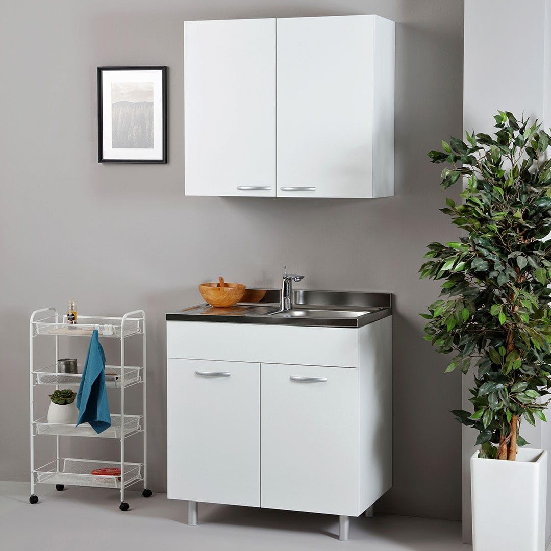 Cucina in Kit 80 cm Bianco con Mobile Sottolavabo e Pensile Scolapiatti - Design Compatto