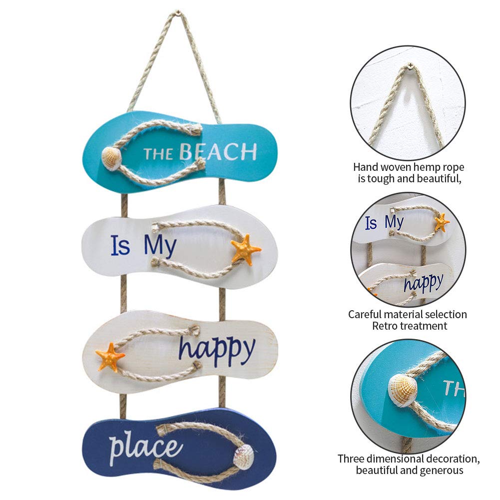 Wooden Wall Decorative Sign Wood Plaque,Wall Ornament Hanging Wooden Slippers Decoration,Beach Flip Flop Decoration Flip Flop (the beach is my happy place)