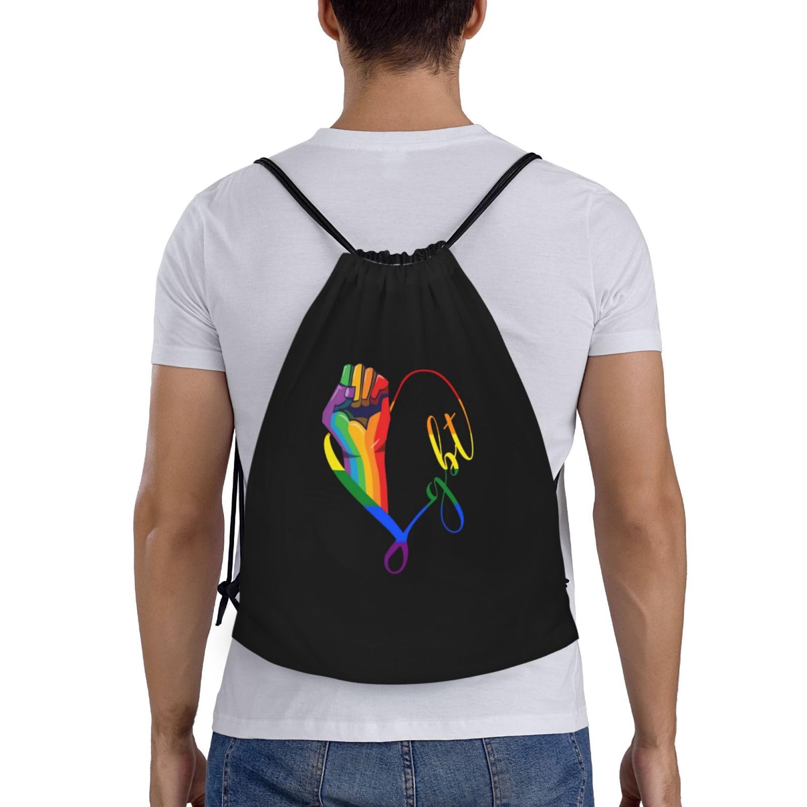 PRTYABS Rainbow LGBT Gay Pride Drawstring Bag Backpack Black Draw String Cinch Bags for Sports, Travel, Beach