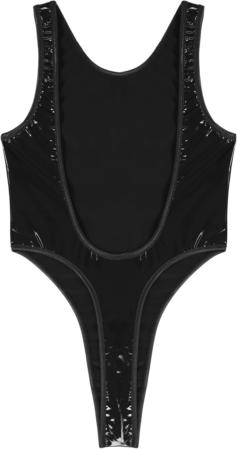 Jelory Men's Patent Leather Bodysuit, Wet Look, High - Cut Catsuit, Sleeveless Leotard, Overall,