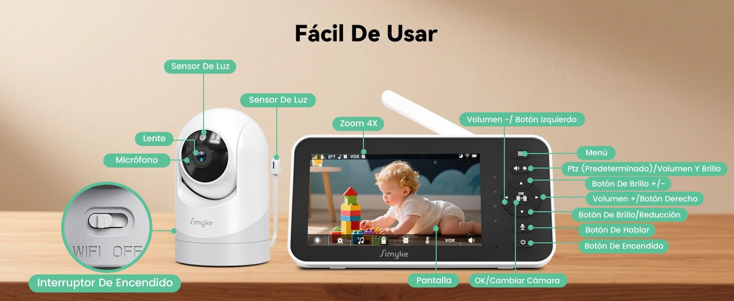 Simyke Monitor de video para bebé con cámara y audio, pantalla de 12,7 cm, 720P, sin wifi o modo de aplicación gratuita, Pan-Tilt-Zoom, canciones de cuna, recordatorio de alimentación, visión nocturna