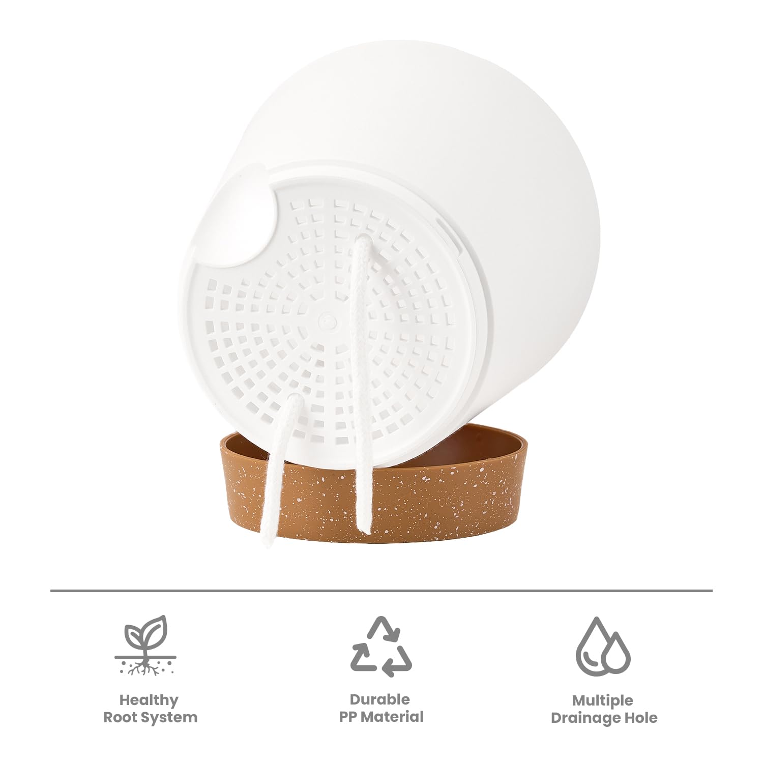 Lot De 3 Pots De Fleurs Plastique Gardrium 17,8 Cm – Blanc Avec Soucoupe Marron, Drainage + Système Mèche – Intérieur & Balcon