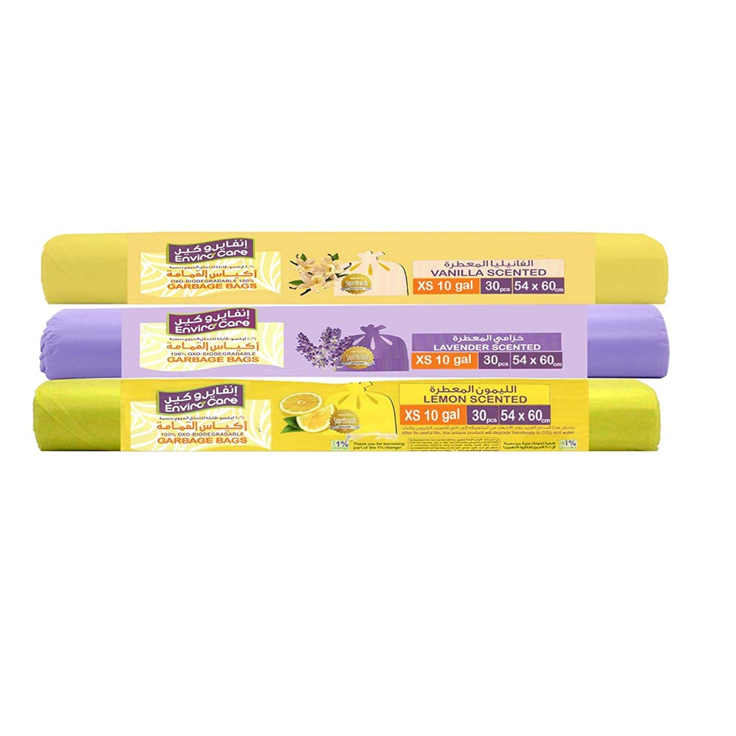 Enviro Care Scented Garbage Bags, Pack of 3, 54 X 60 CM, 30pcs, 10 Gallons, Lavender, Lemon and Vanilla