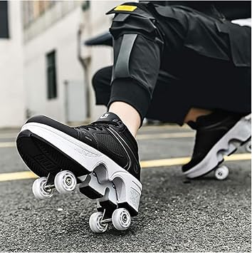 Deformation Roller Shoes Male and Female Skating Shoes Quad Roller Skates Kick Rollers Shoes Retractable Adults/Kids,Invisible Pulley Shoes Skates with Double-Row Outdoor Sneakers