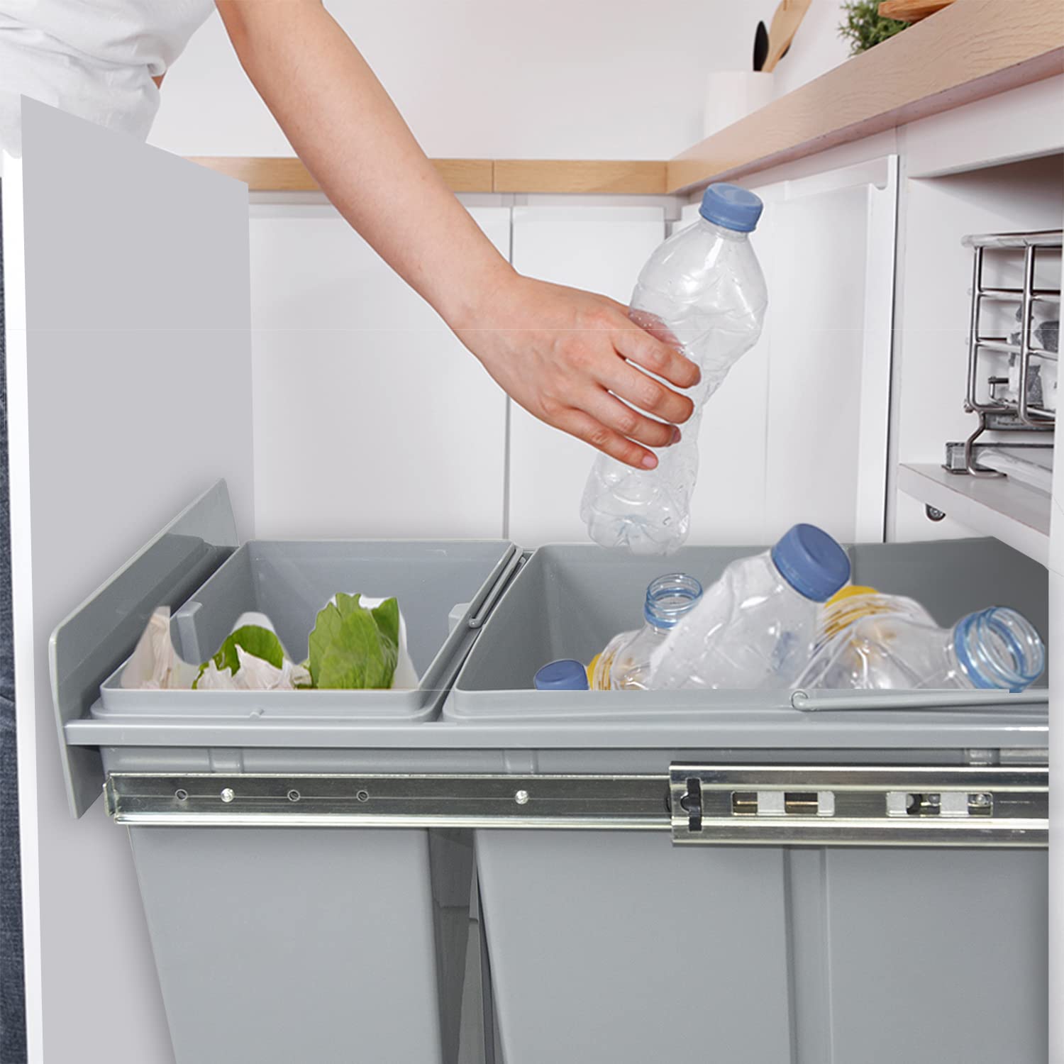 Nisorpa Ausziehbarer Küchen-Mülleimer, 20 l + 10 l, Recycling, Küchenschrank, Mülleimer, Abfalleimer, geschlossener Mülleimer mit zwei Fächern für Müll, Müllsortierung, 480 x 260 x 418 mm, Grau