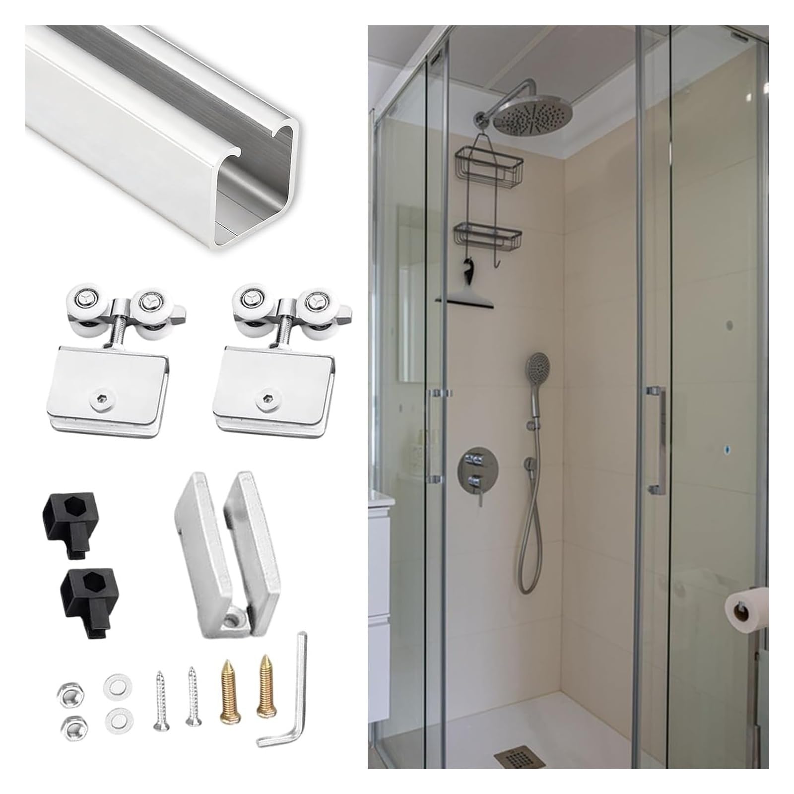 YDHSIKK Glass Sliding Door Track, 4-Wheel Sliding Door Track Replacement Kit For 5-8mm Glass Doors Multicolor Multiple Sizes(Silver,40in/102cm)