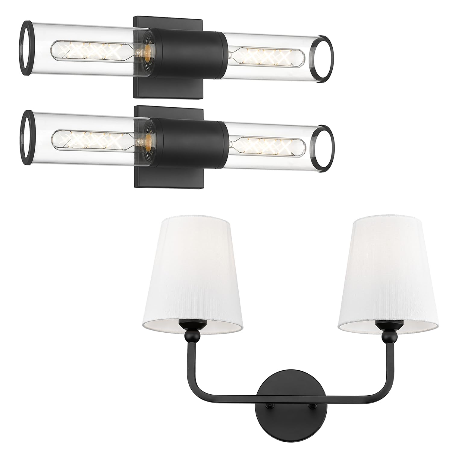 METWET Set of 2 Bathroom Vanity Light Fixtures and 2-Light Modern Wall Sconces, Matte Black