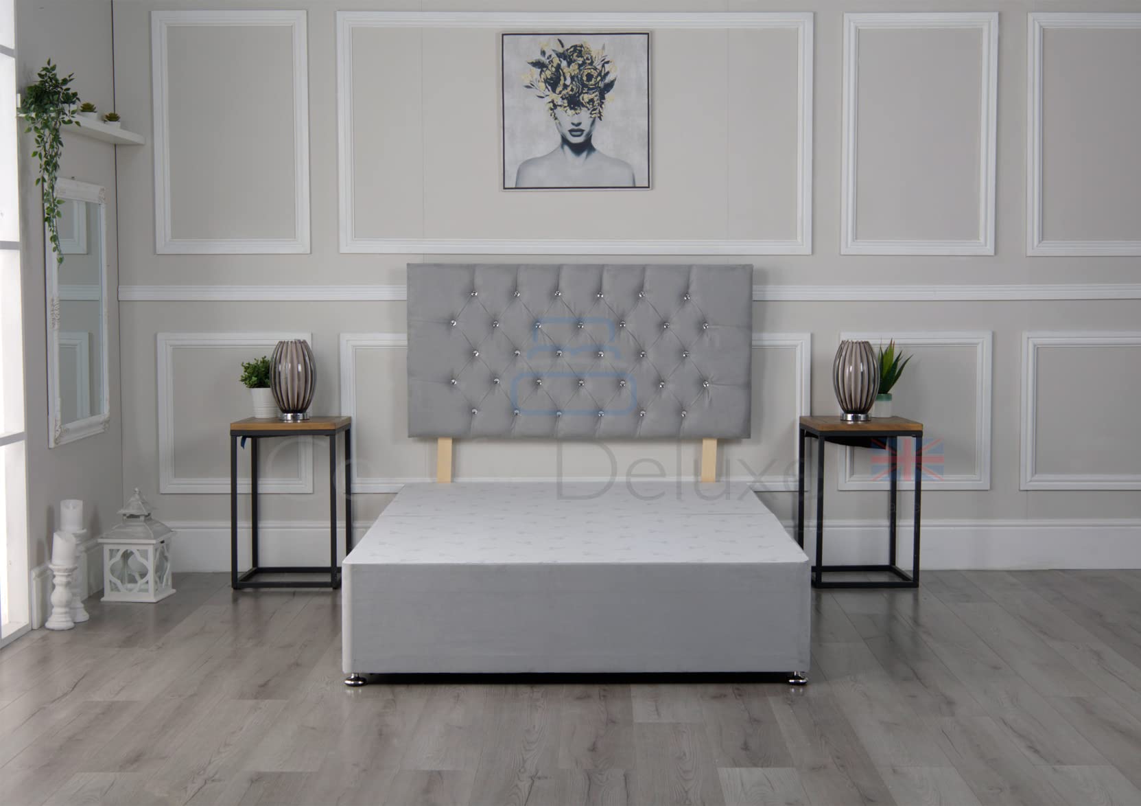 Comfy Deluxe LTD Plush Velvet Divan Bed Base with Matching Fabric Chesterfield Headboard (No mattress will be provided) (Stone, 2FT6-2 Drawers Same Side)